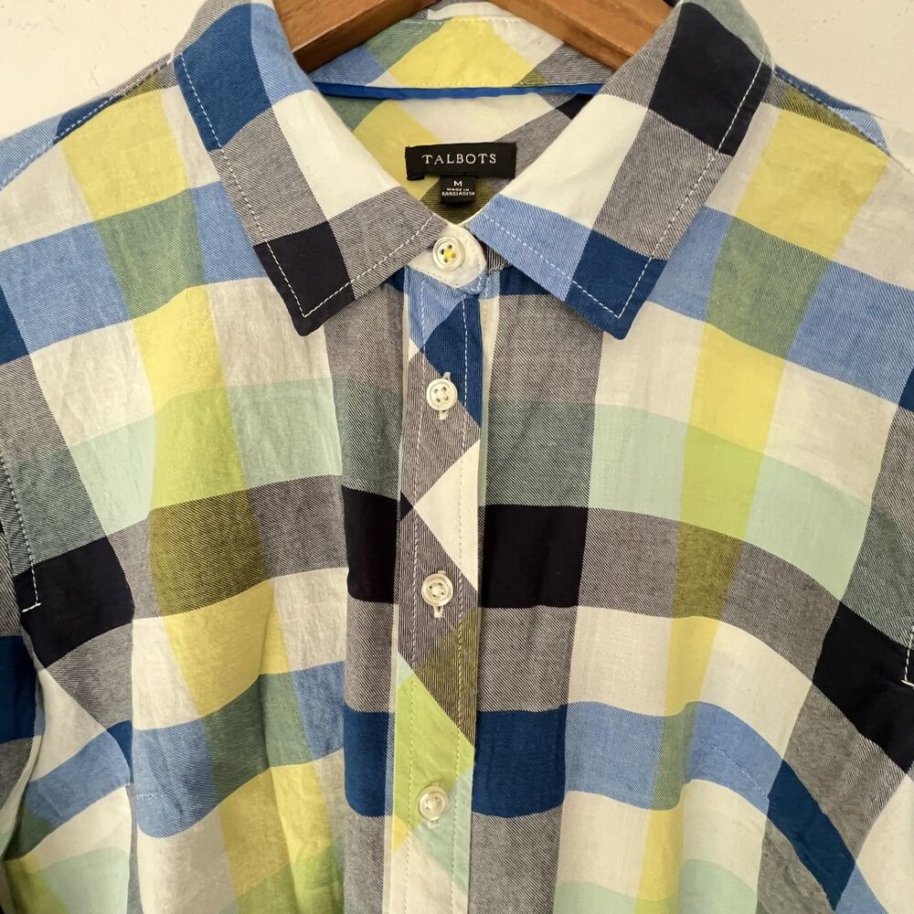 Talbots Shirt M Flannel Blue yellow Plaid Button up Cotton Lightweight
